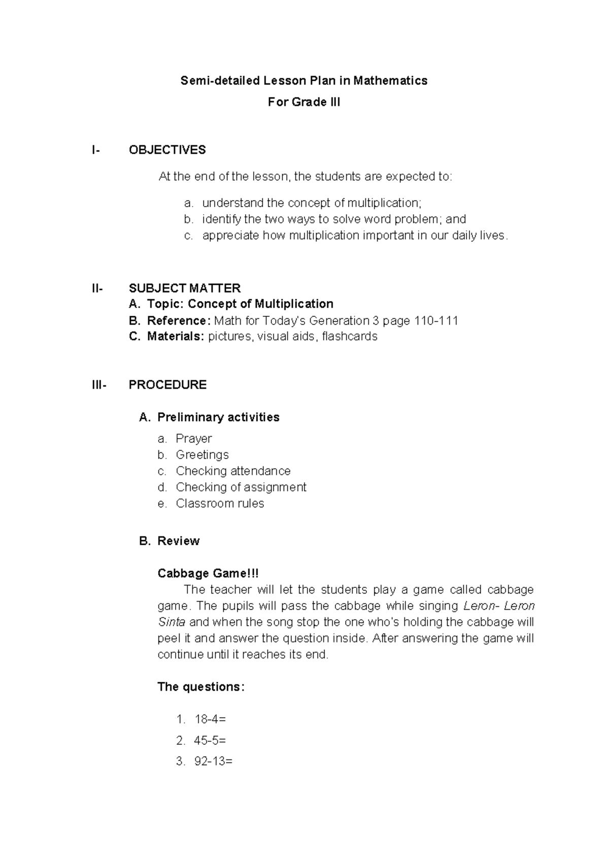 LP-MATH 3 - Semi-Detailed Lesson Plan on Multiplication Concepts - Studocu