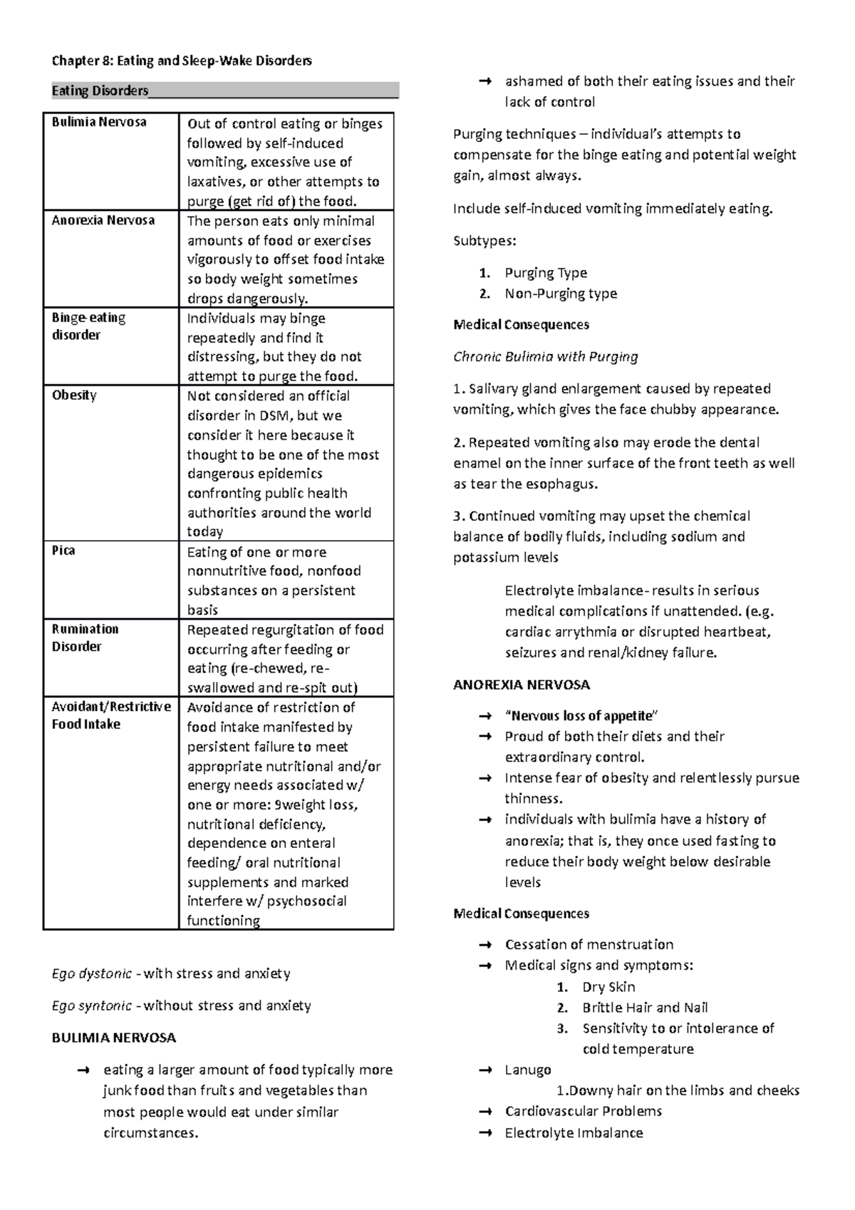Eating and Sleep-Wake Disorders: Chapter 8 Overview and Insights - Studocu