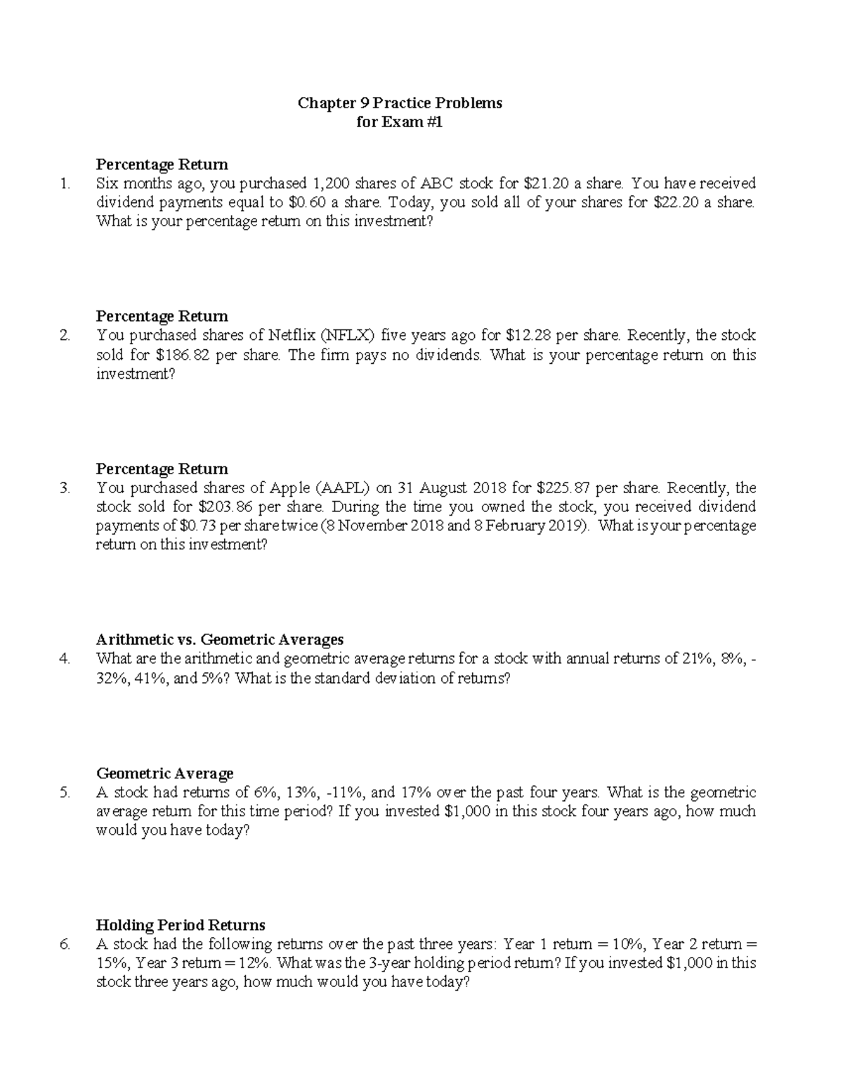 Chapter 9 Practice Problems for Exam #1: Returns and Averages - Chapter ...