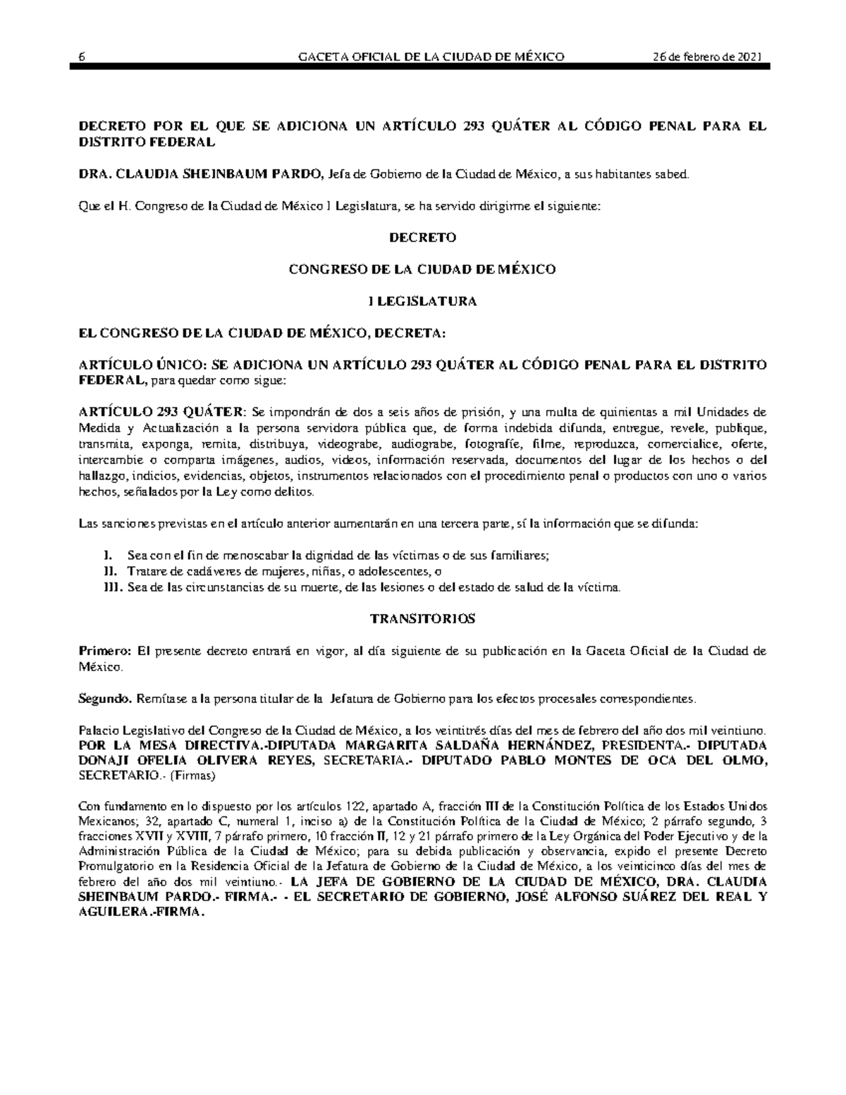 Decreto Adición Art. 293 Quáter al Código Penal CDMX - Studocu