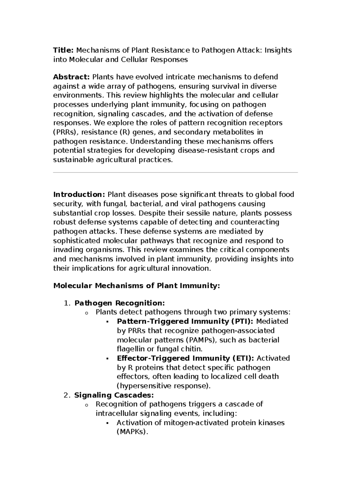 Biology 1 - nope - Title: Mechanisms of Plant Resistance to Pathogen ...