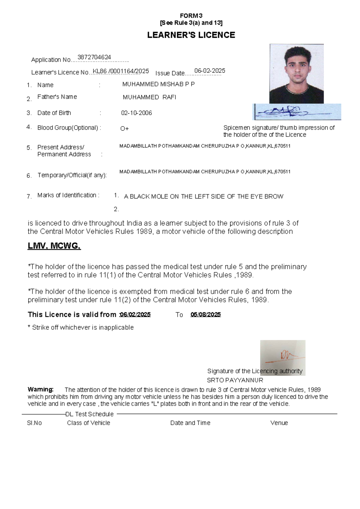 673bb95a 419e2a9d3646edc - LEARNER'S LICENCE FORM 3 [See Rule 3(a) and ...