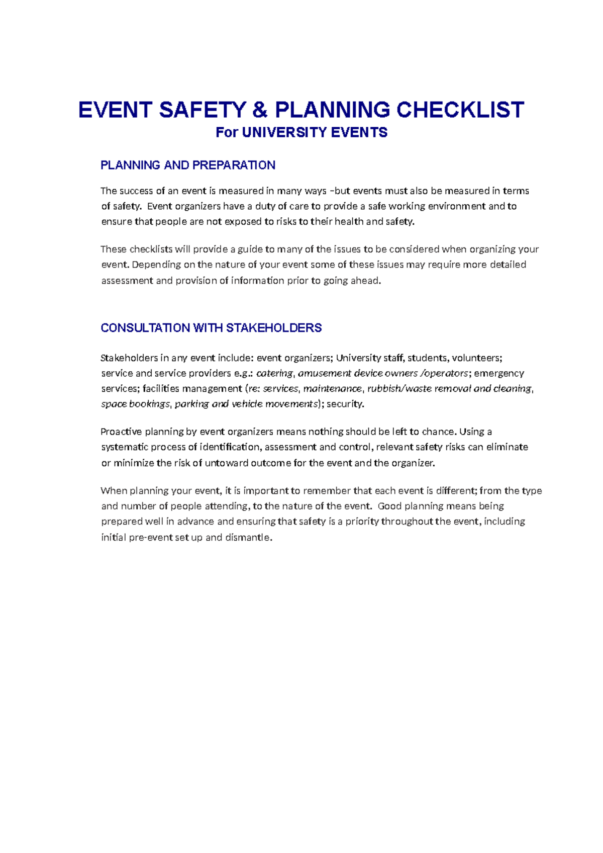 EVENT SAFETY PLANNING CHECKLIST FOR UNIVERSITY EVENTS - Studocu