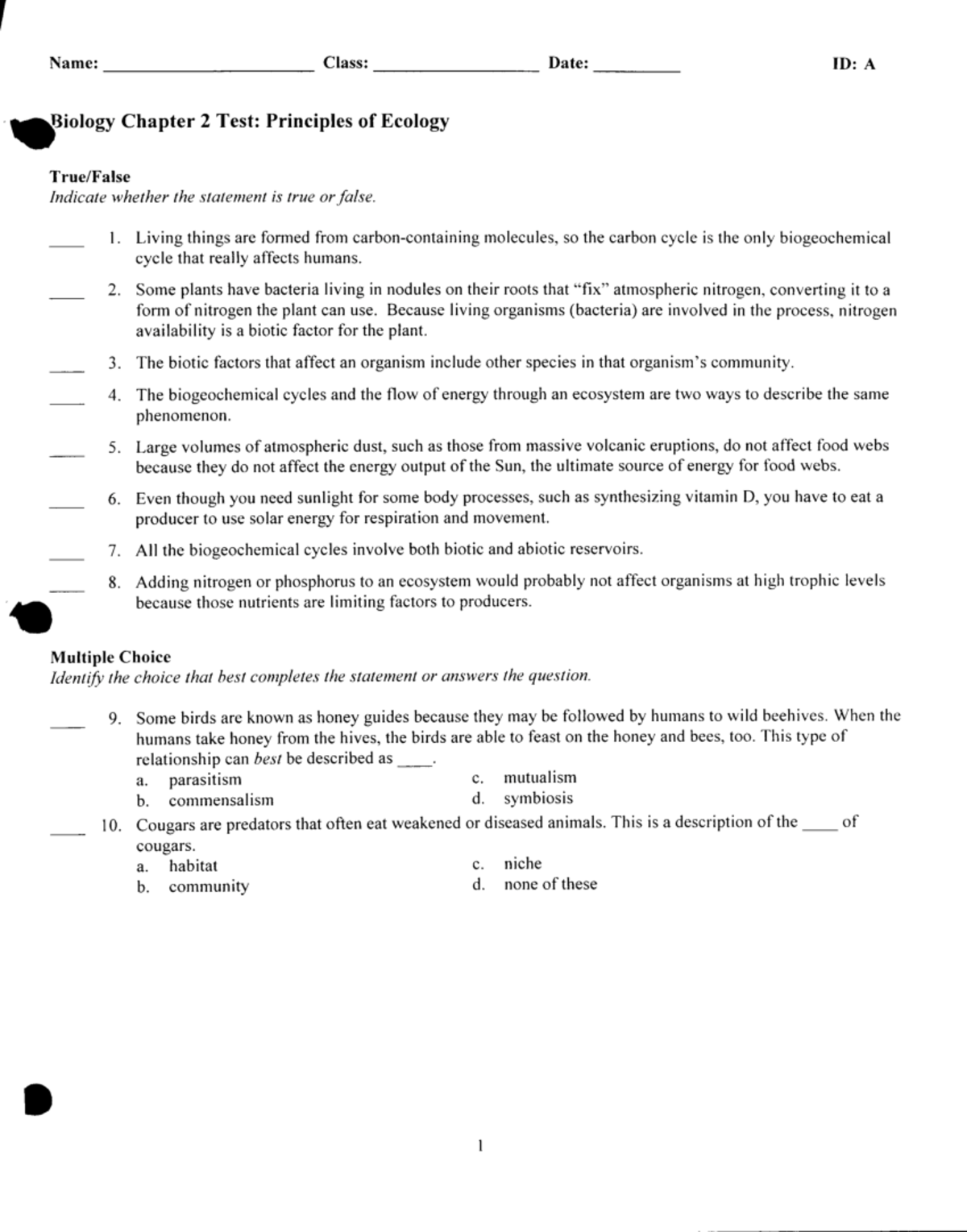 Biology 101: Chapter 2 Test on Principles of Ecology - Studocu