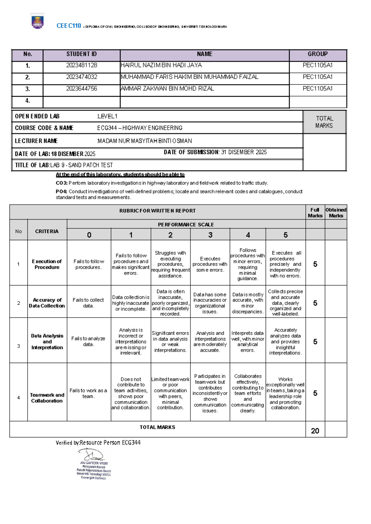 Lab 9: Sand Patch Test - CEEC110 Diploma of Civil Engineering - Studocu