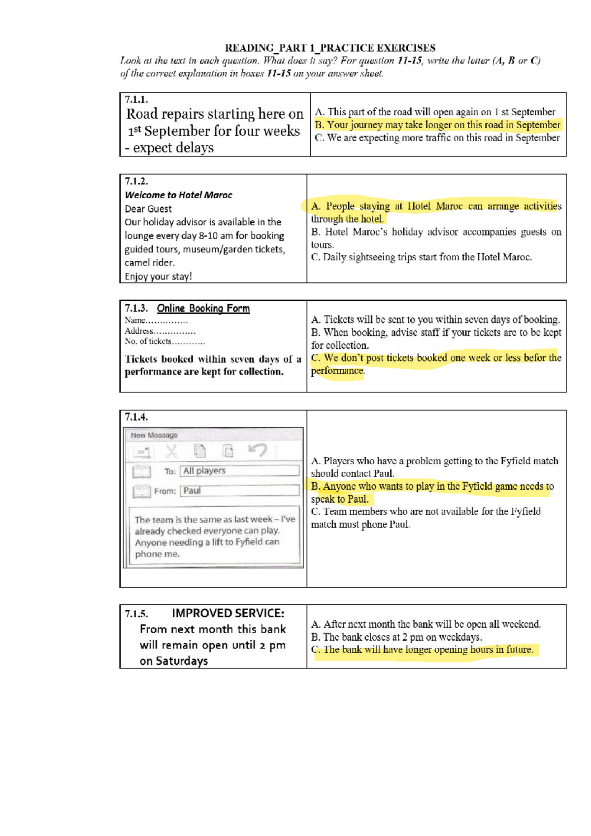 B1 - Reading Part 1 Practice Exercises - Studocu