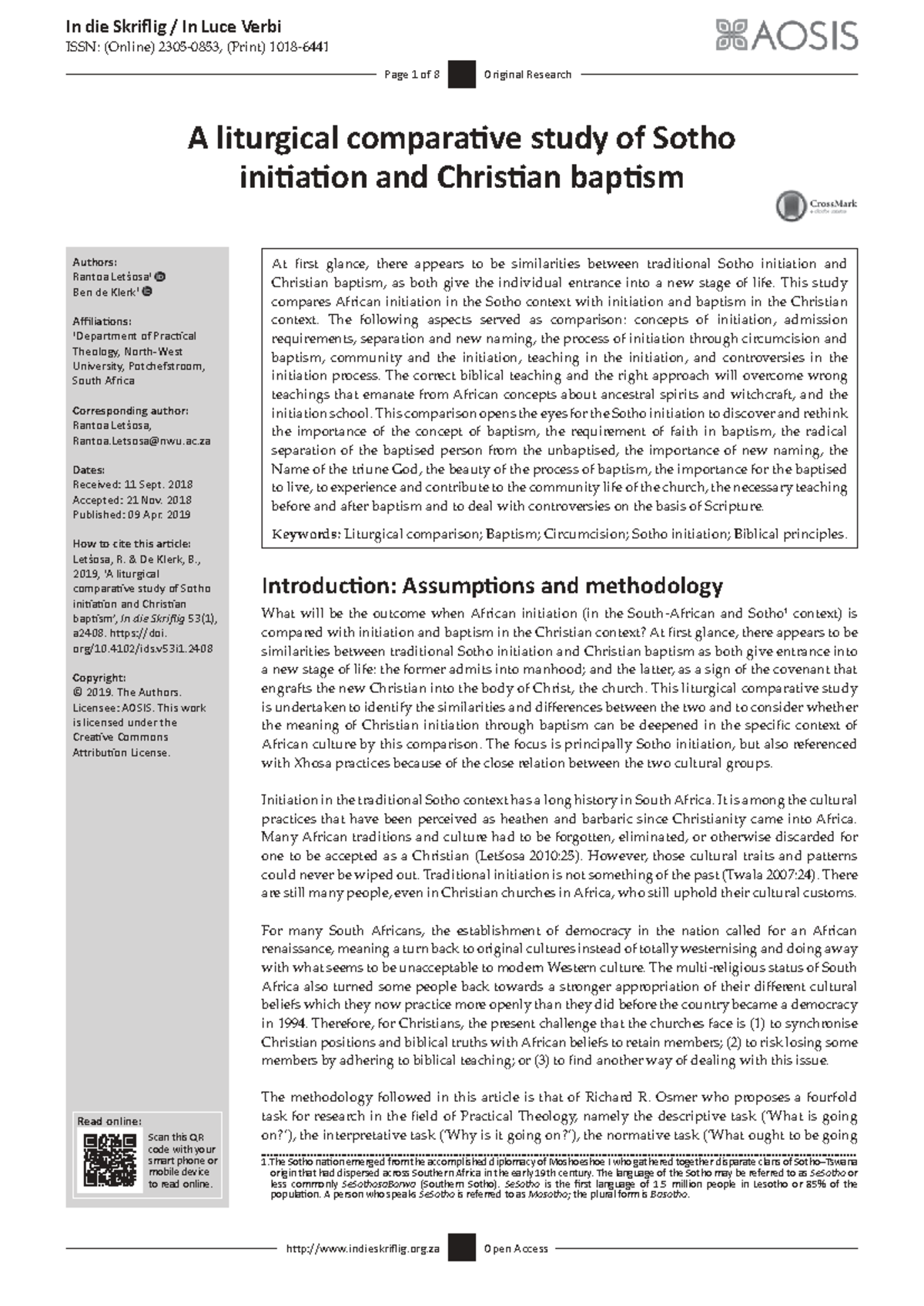 A Comparative Study of Sotho Initiation and Christian Baptism (Theology ...