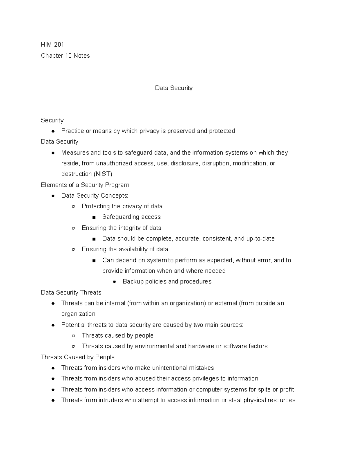 HIM 201 - Chapter 10: Data Security and Threat Management Notes - Studocu