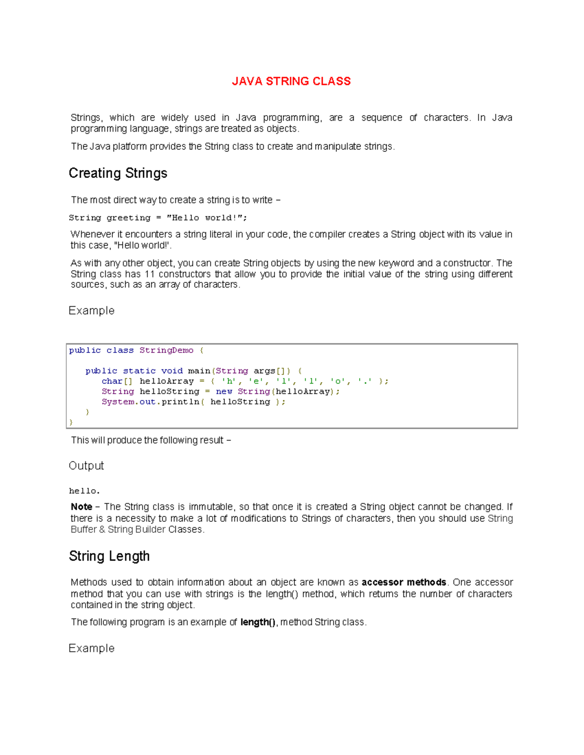 JAVA11 - String Class Overview and Basic Operations - Studocu
