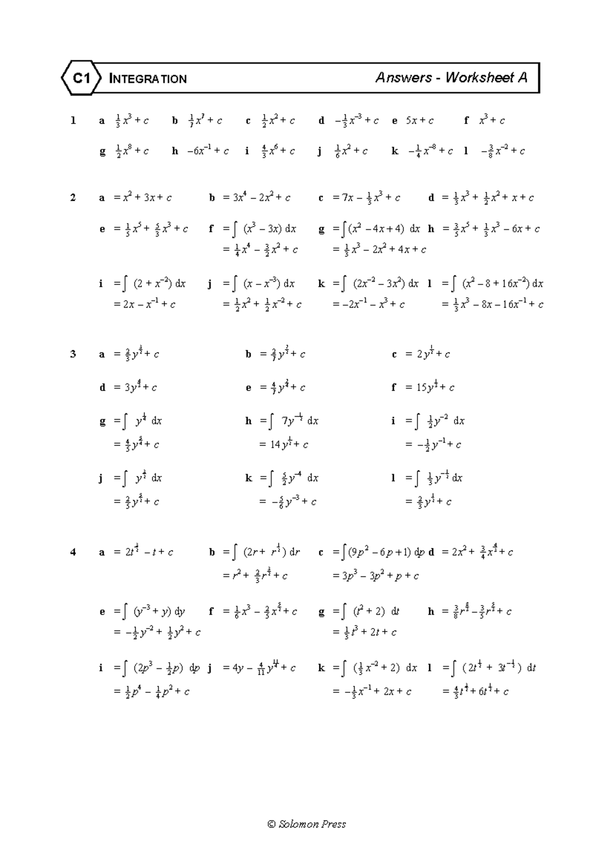 C1 - Integration Worksheet A Solutions - Studocu