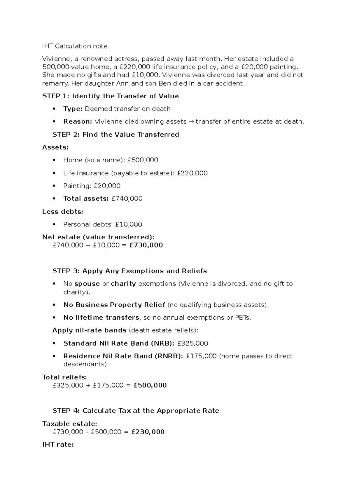IHT Calculation Notes: Estate Valuation & Tax Analysis - Studocu
