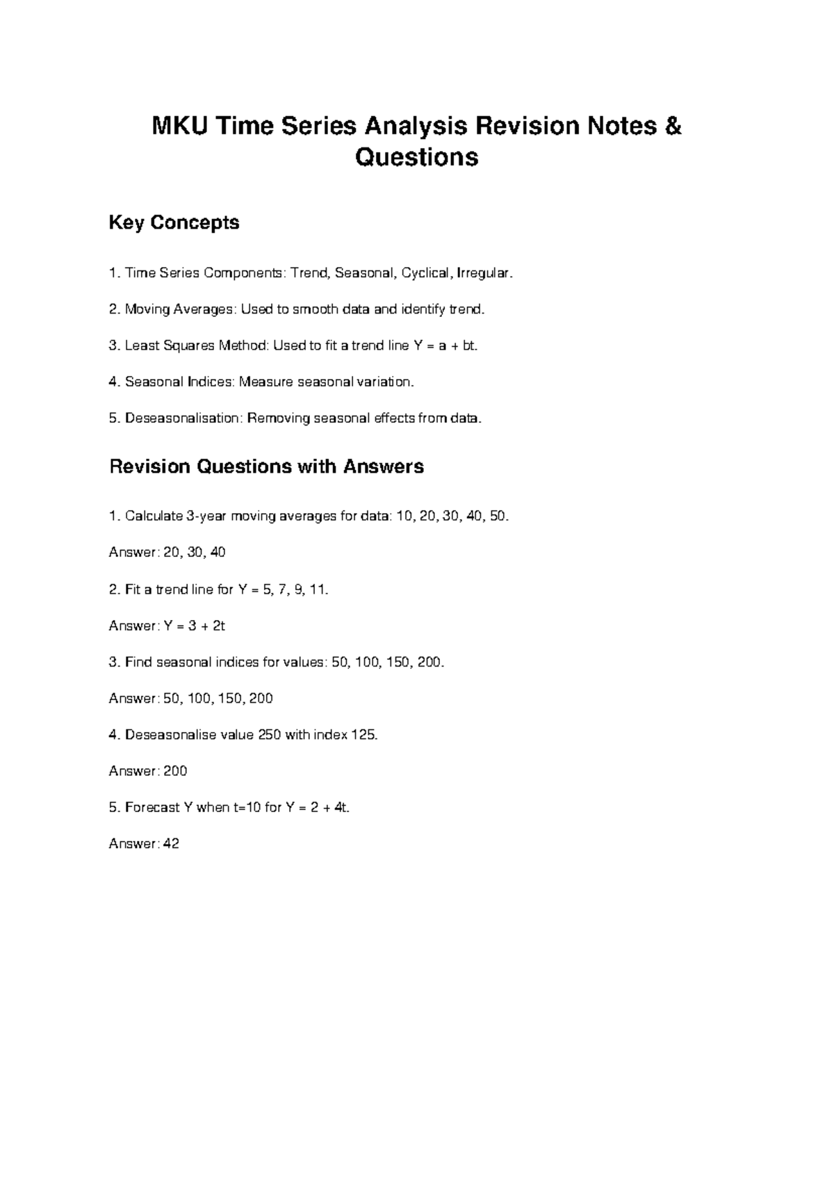 MKU Time Series Analysis Revision Notes & Key Concepts - Studocu