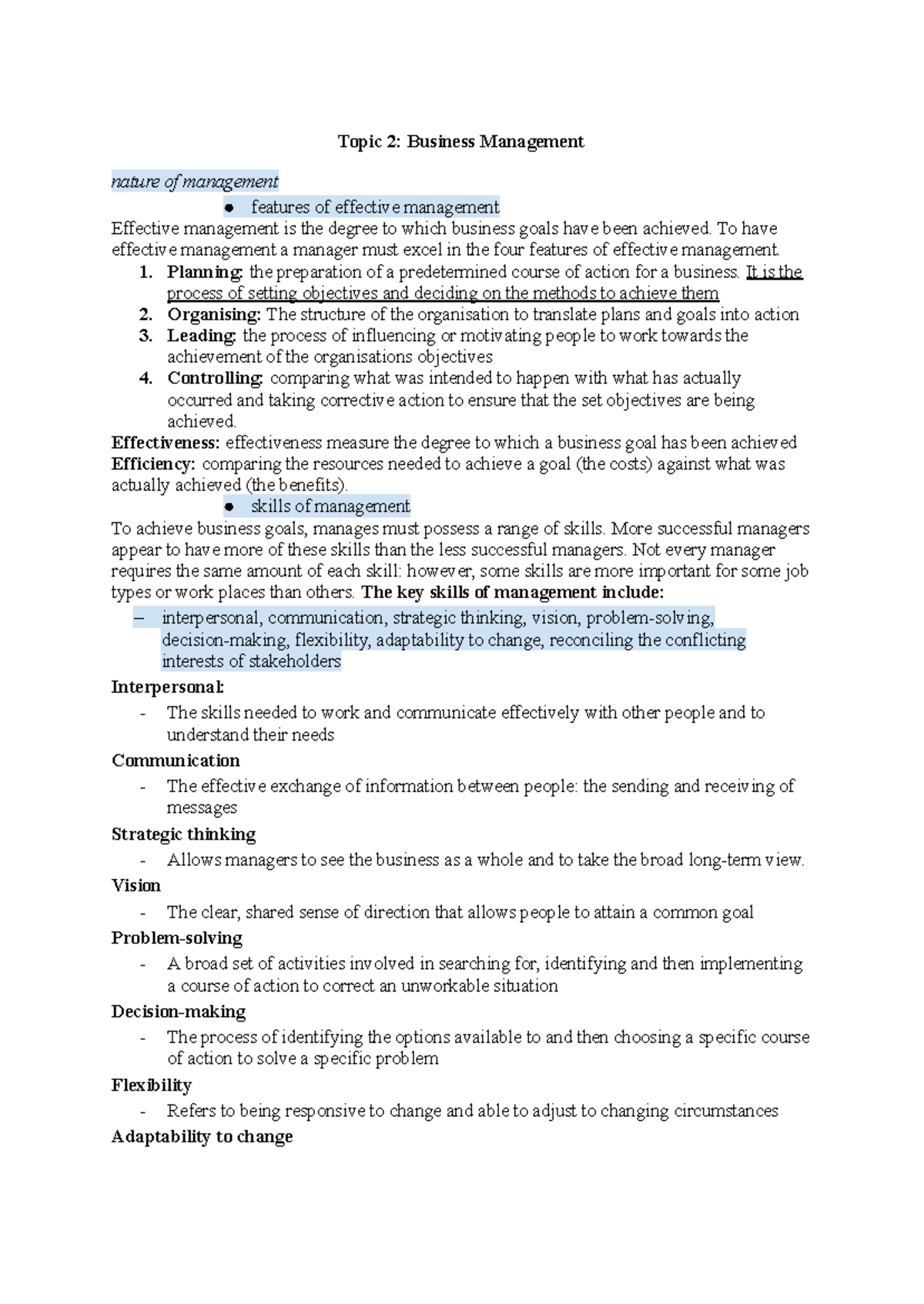 BUSM 101 Topic 2 Summary: Effective Management in Business - Studocu