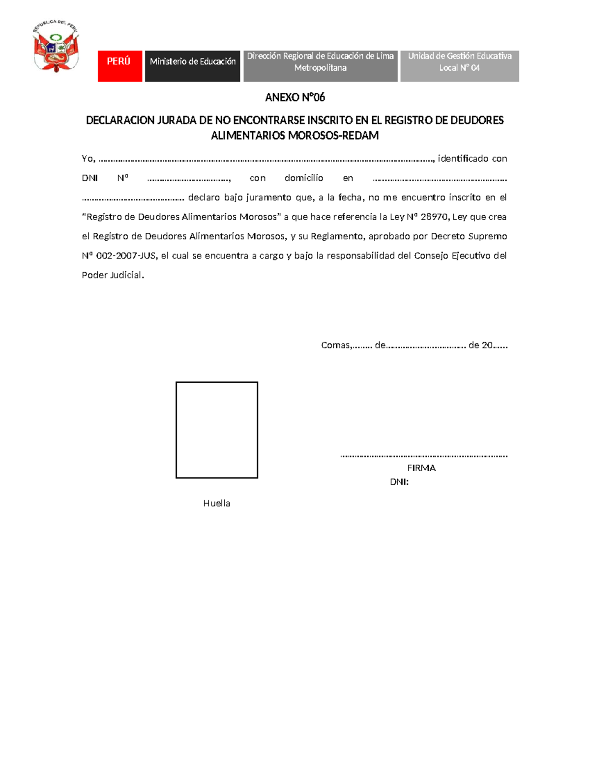 Formato Anexo N°06: Declaración Jurada de No Inscripción en Registro de ...
