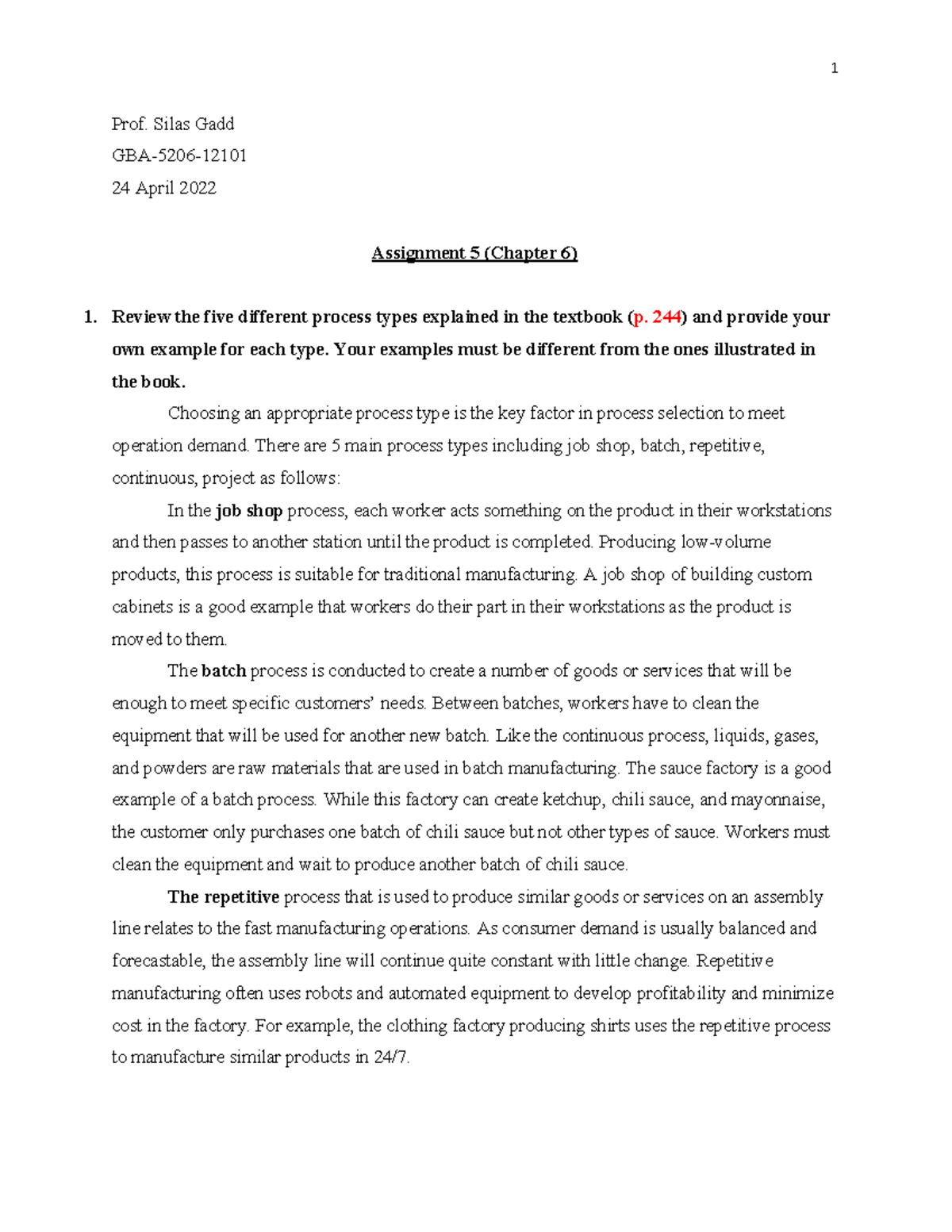 GBA-5206 Assignment 5: Analyzing Process Types & Lean Design Examples ...