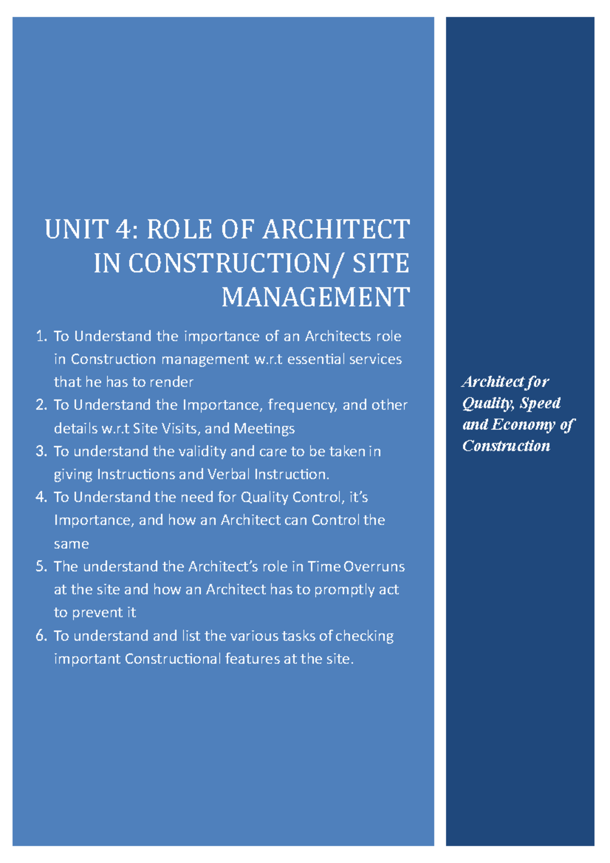 Unit 01 - Uvufut - 1. UNIT 4: ROLE OF ARCHITECT IN CONSTRUCTION/ SITE ...