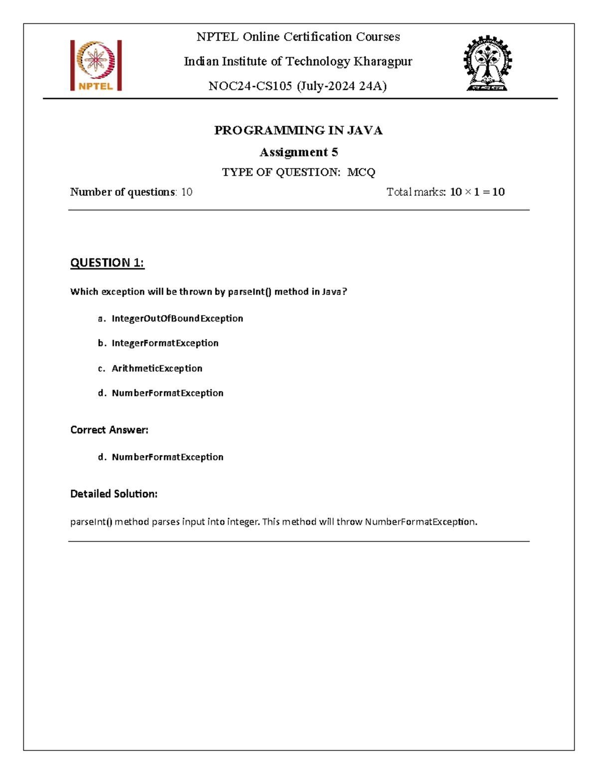 NOC24-CS105 Week 05 Assignment Solutions: MCQ Java Questions - Studocu