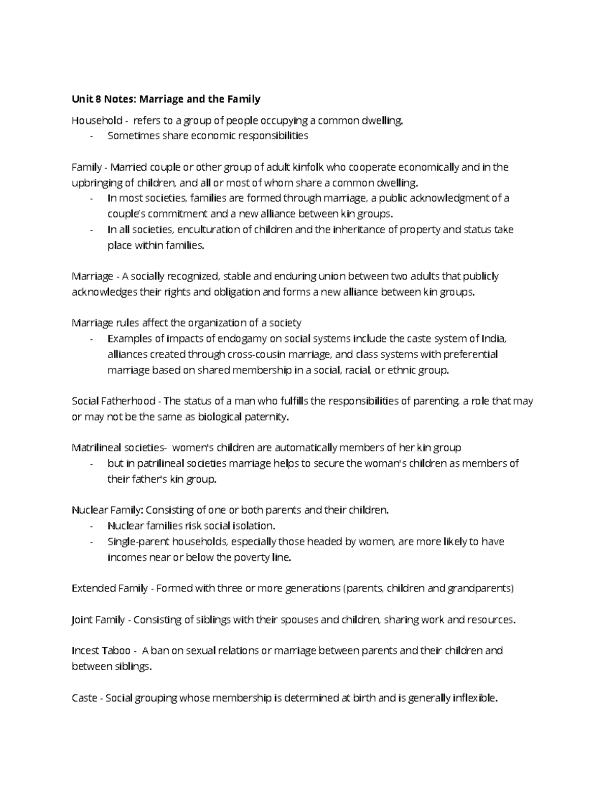 Anth 1150 Unit 8 Notes Marriage and Family - Unit 8 Notes: Marriage and ...