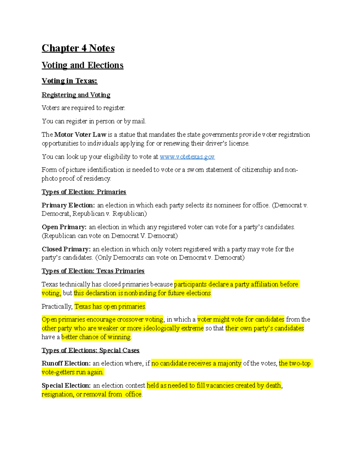 Chapter 4: Voting and Elections in Texas - Key Concepts and Notes - Studocu