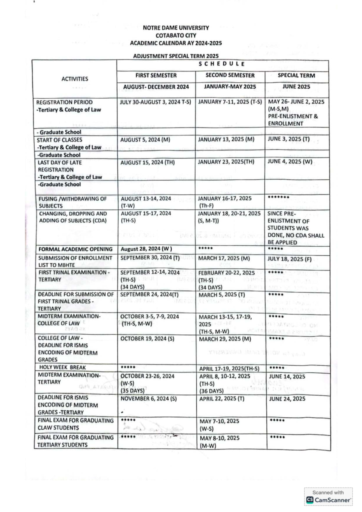 Updated Academic Calendar for A - NOTRE DAME UNIVERSITY COTABATO CITY ...