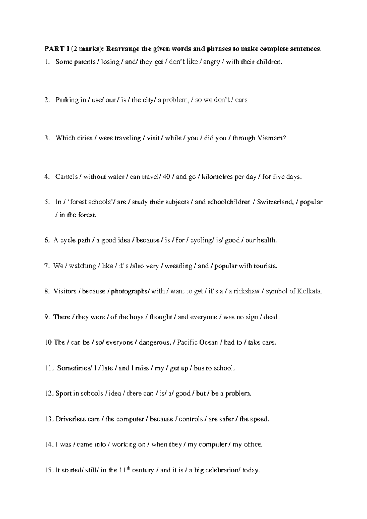 PART I: Rearranging Sentences - 30 Questions for Practice - Studocu