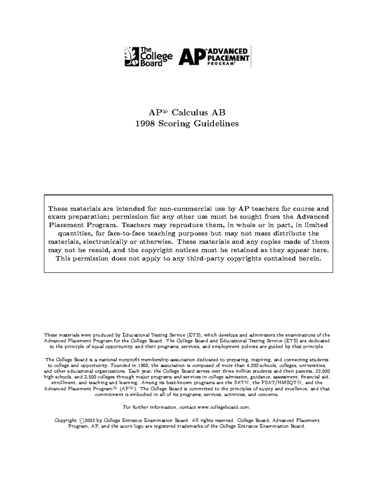 1998 AP Calculus AB Exam Scoring Guidelines and Insights - Studocu