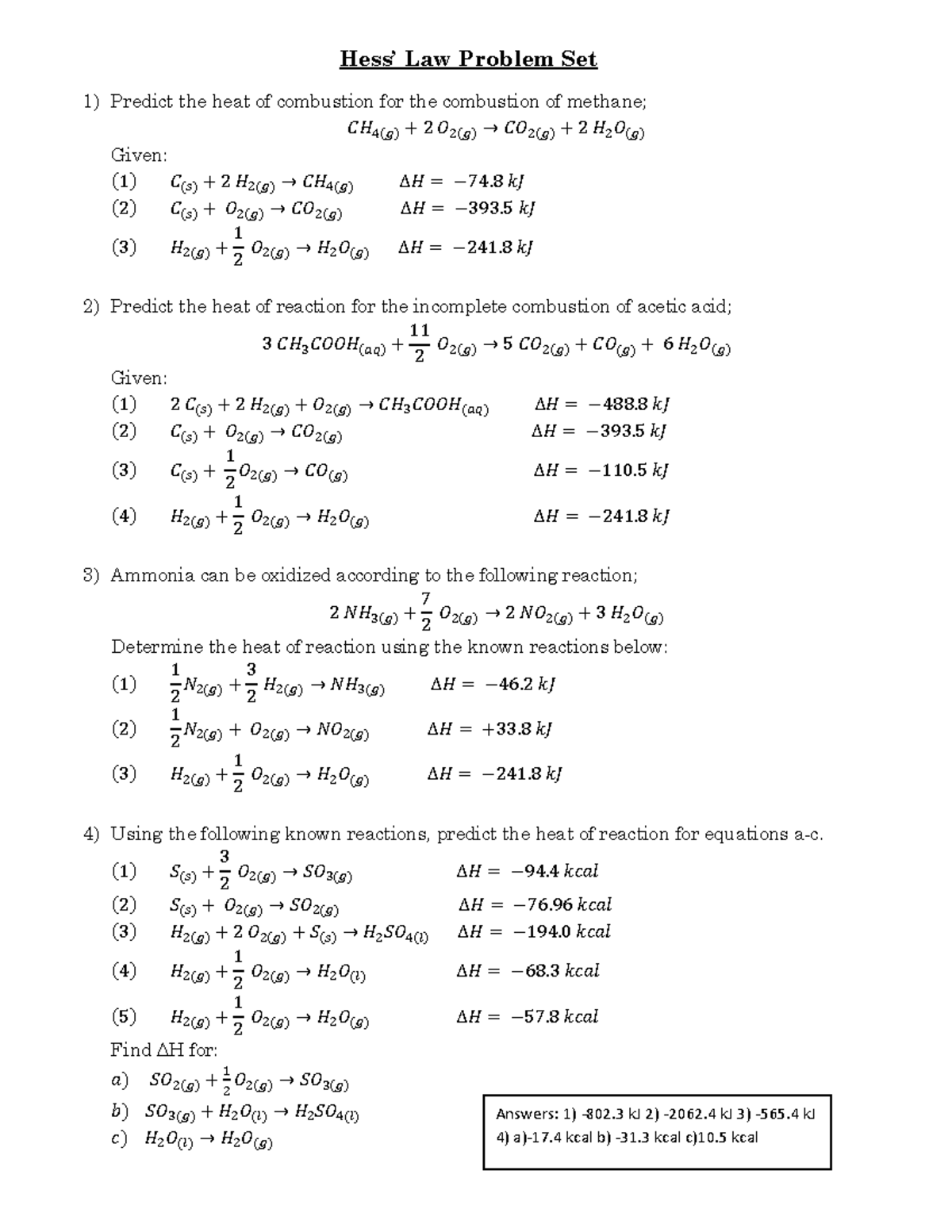 Hess' Law Problem Set (CHEM 3.3) - Heat of Combustion Calculations ...