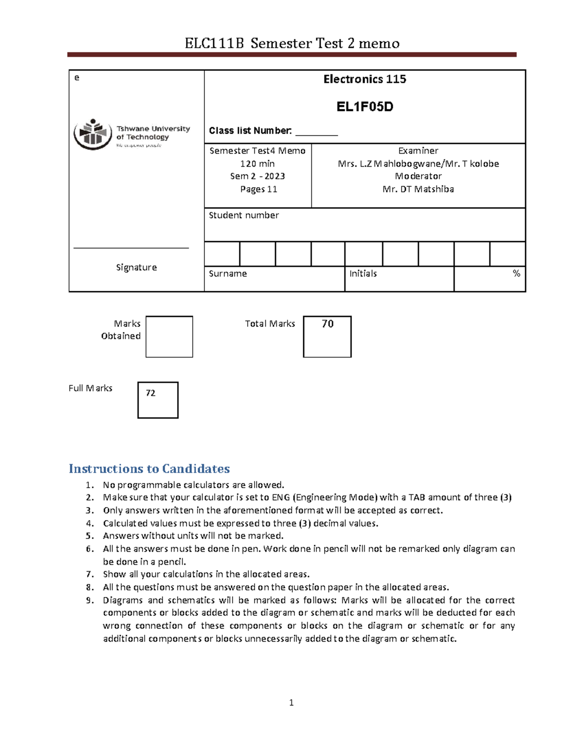 Semester Test 4 Memo for Electronics 115 e EL1F05D - 2023 S2 - Studocu