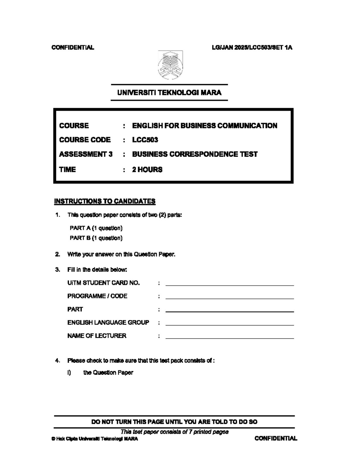 Past Year Exam Jan 2025: LCC503 Business Correspondence Test - Studocu