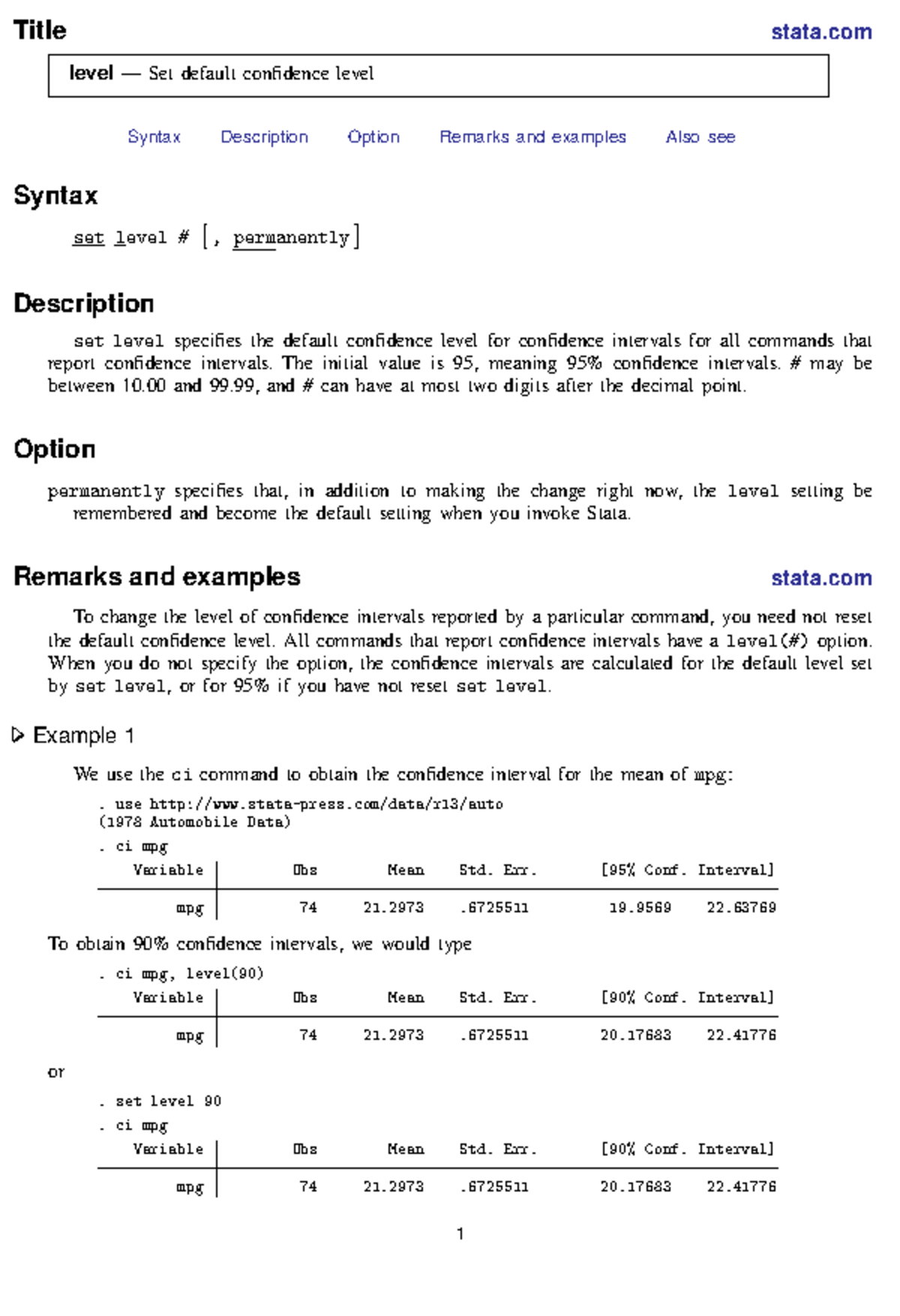 Rlevel - Lhwiowjwheid - Title stata level — Set default confidence ...