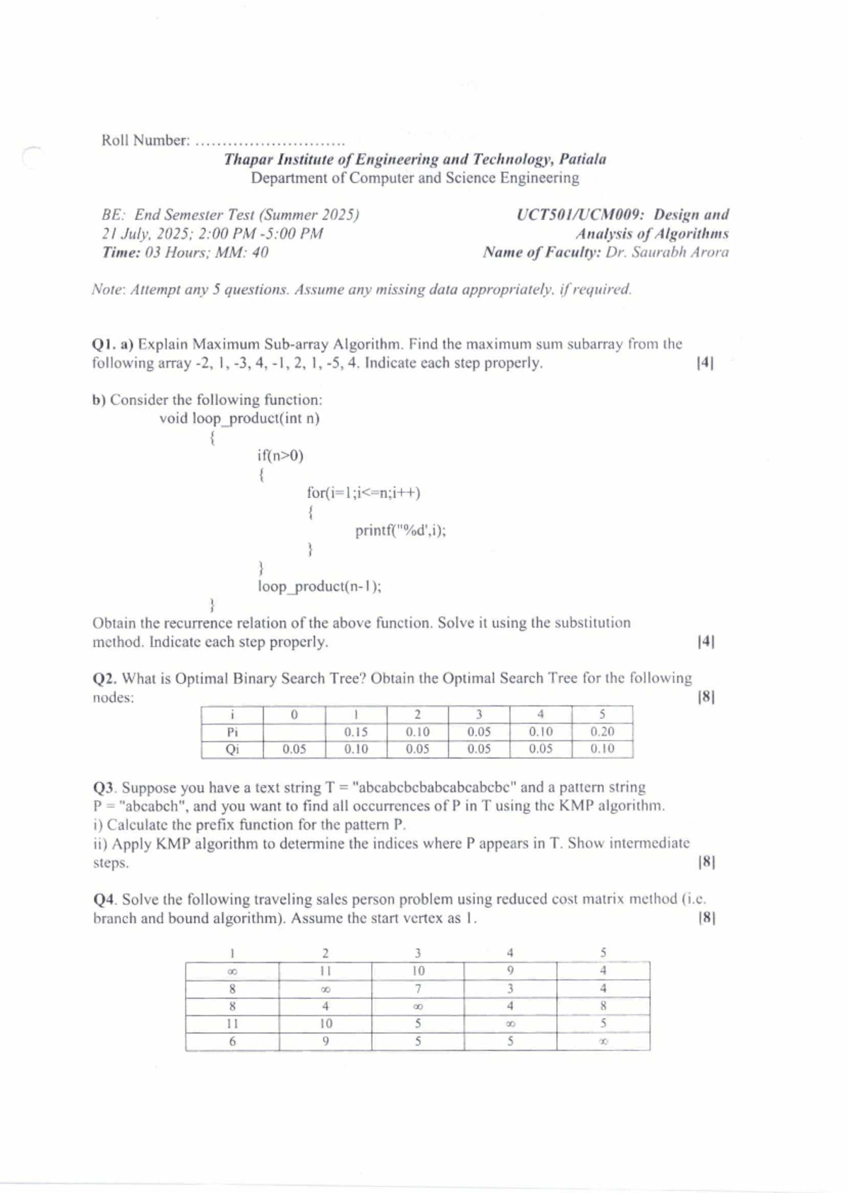 UCT501 End Semester Test: Design & Analysis of Algorithms - July 2025 ...