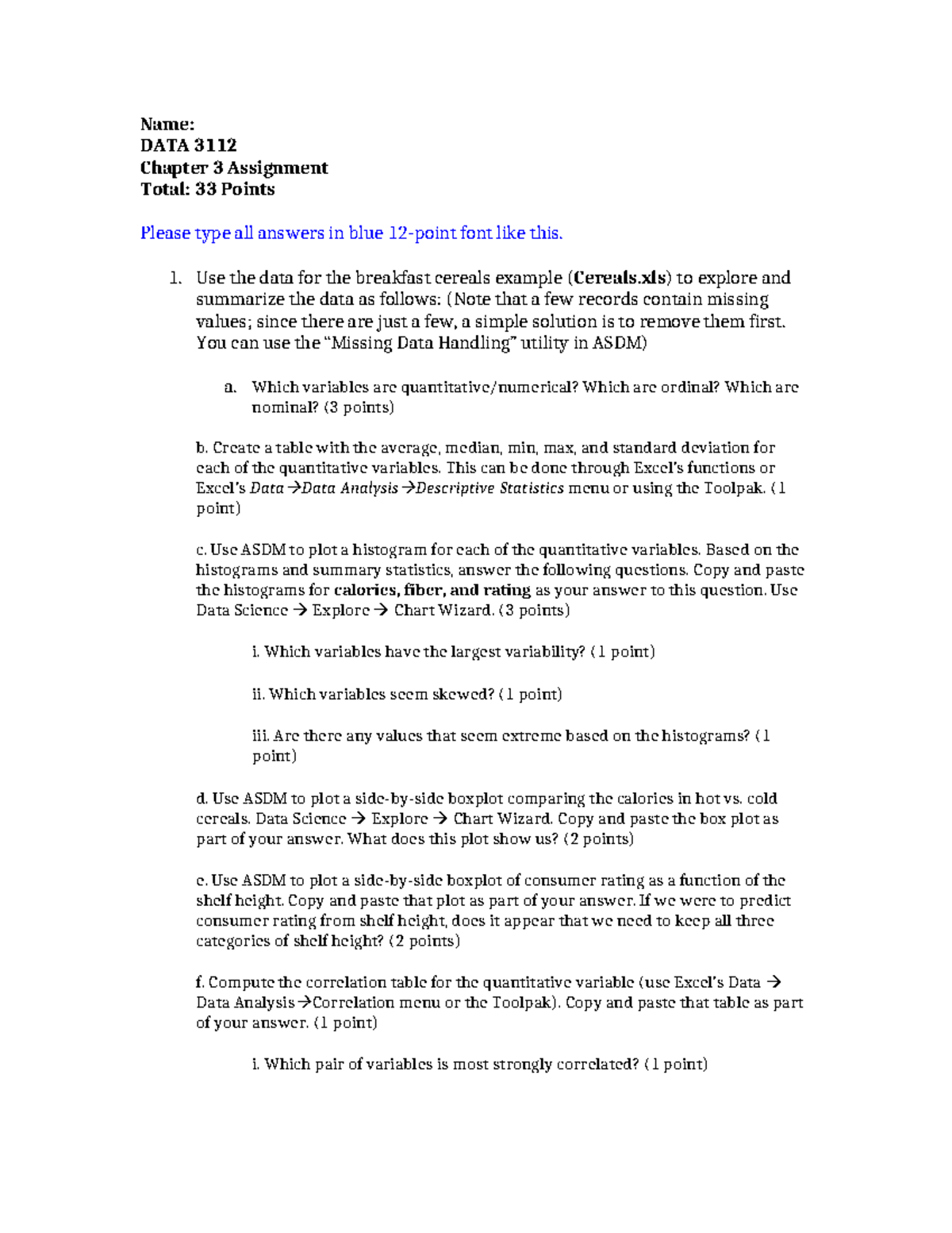 DSCI 3112 Chapter 3 Assignment: Data Analysis of Breakfast Cereals ...