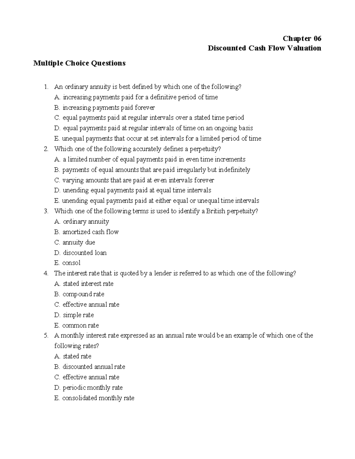 Chapter 06 Multiple Choice Questions on Discounted Cash Flow Valuation ...