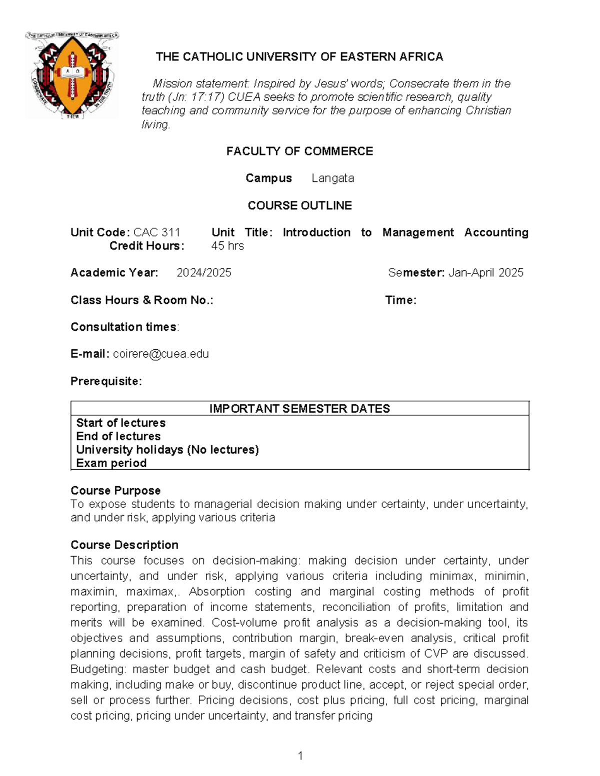 CAC 311 Introduction to Management Accounting - Course Notes - Studocu