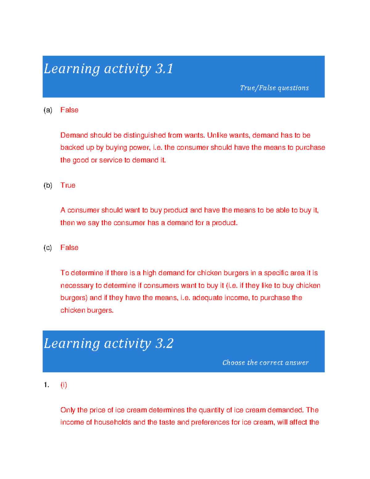 Learning Unit 3: Practical Activities & Answers on Demand and Supply ...