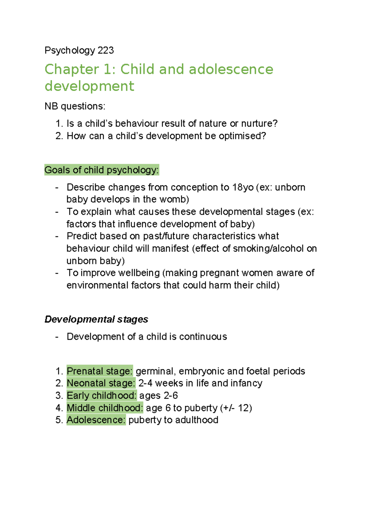 Psychology 223 Lecture Notes: Child and Adolescent Development Overview ...
