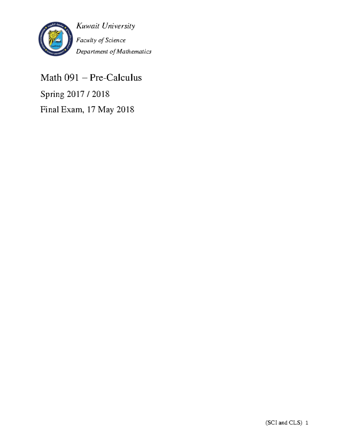 Final Exam Review for Math 091 (SCI and CLS) - Spring 2017/2018 - Studocu