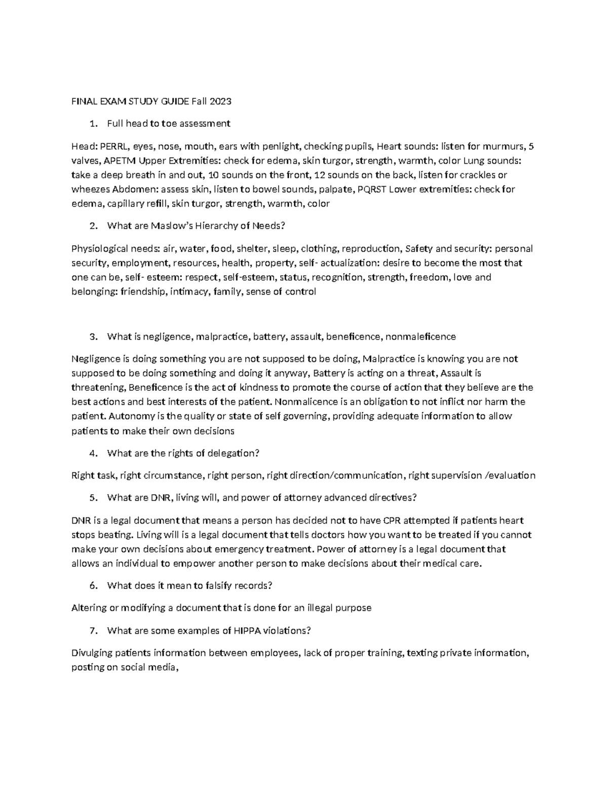 Final Exam Study Guide Nursing Concepts & Assessments - Fall 2023 - Studocu