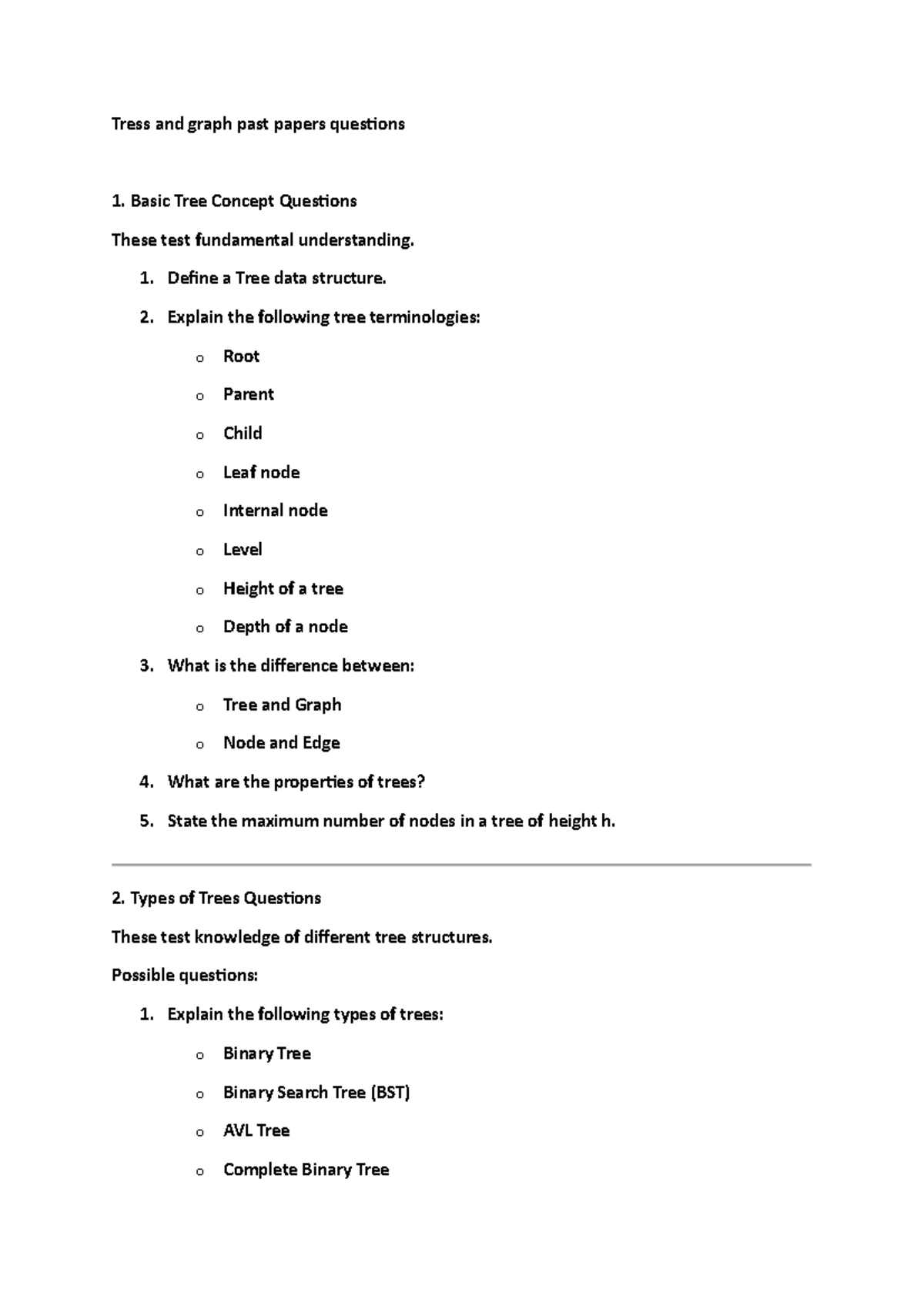 Tree and Graph Past Paper Questions: Concepts and Algorithms - Studocu