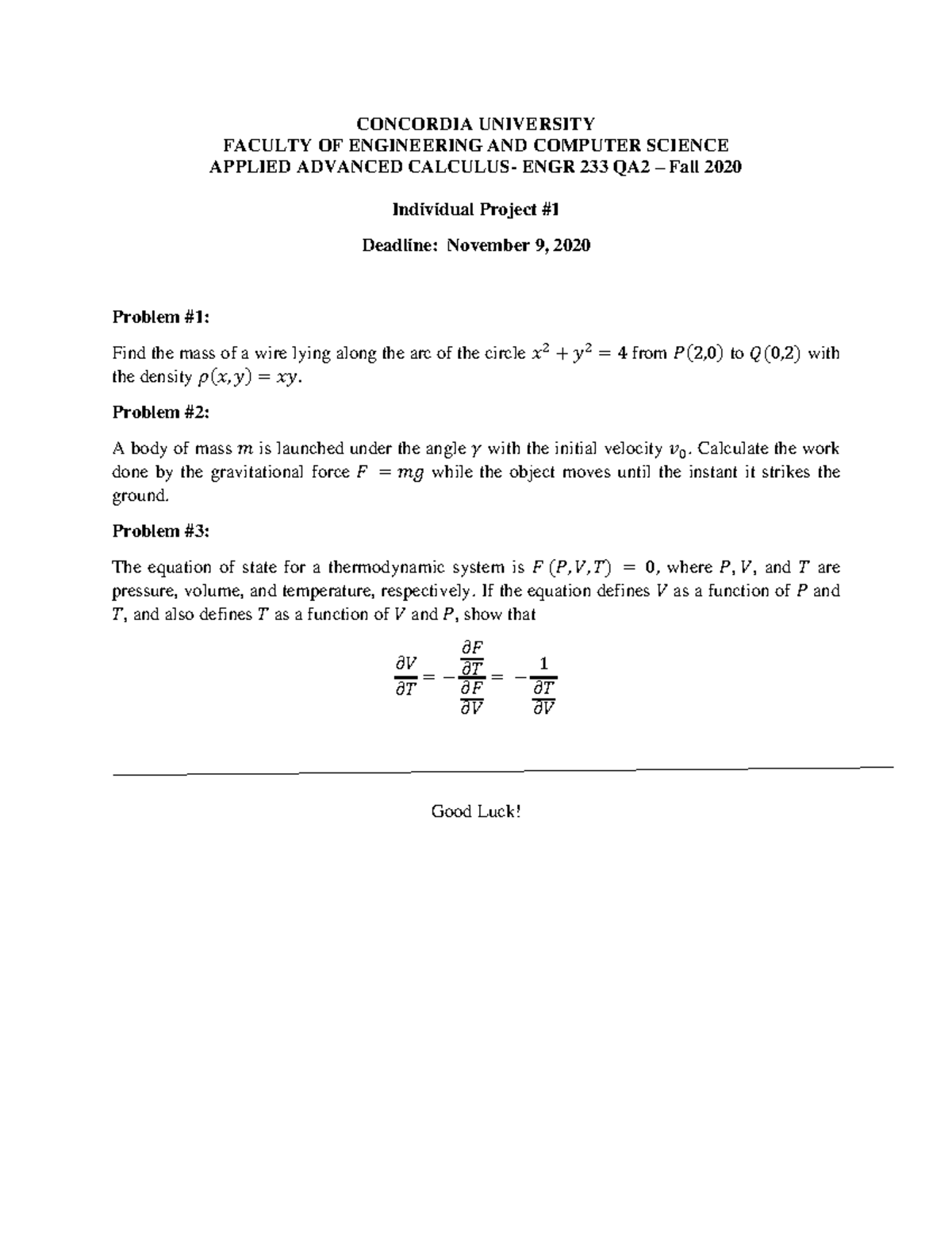 ENGR 233 QA 2 Individual Project #1 - Applied Advanced Calculus - Studocu