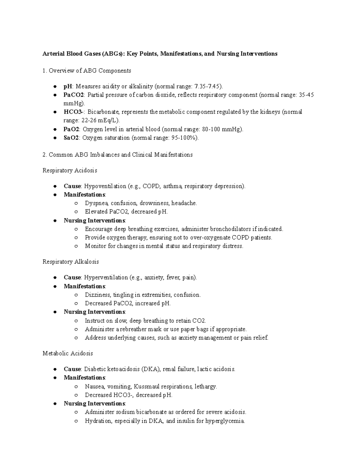 Midterm review - Arterial Blood Gases (ABGs): Key Points ...