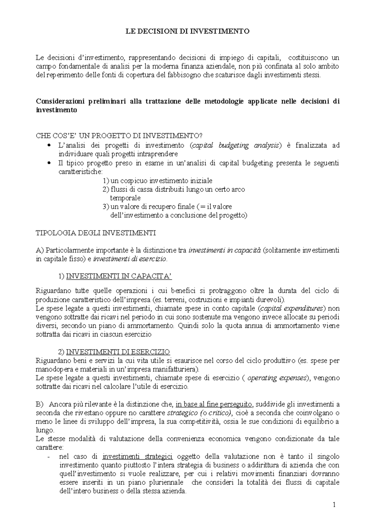 Decisioni di Investimento: Analisi e Metodologie per il Corso LE - Studocu