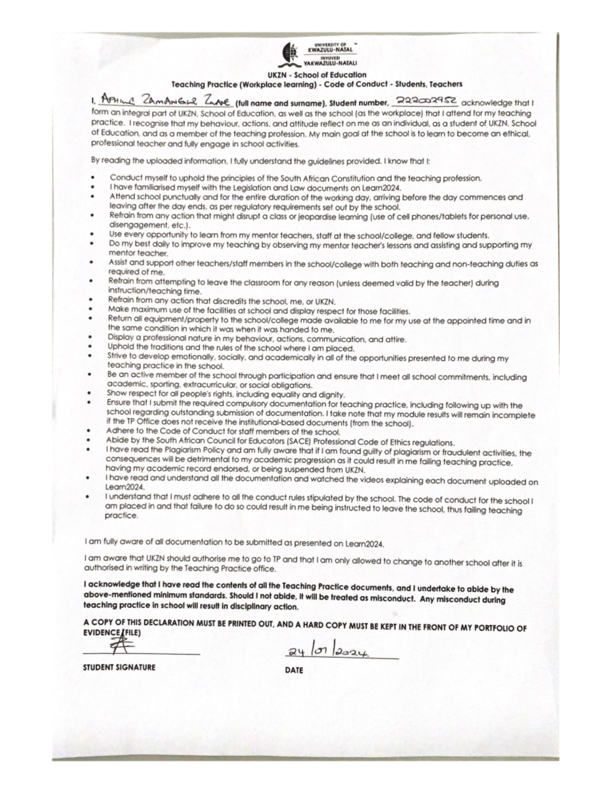 UKZN EDTP Code of Conduct Declaration Form for Teaching Practice - Studocu