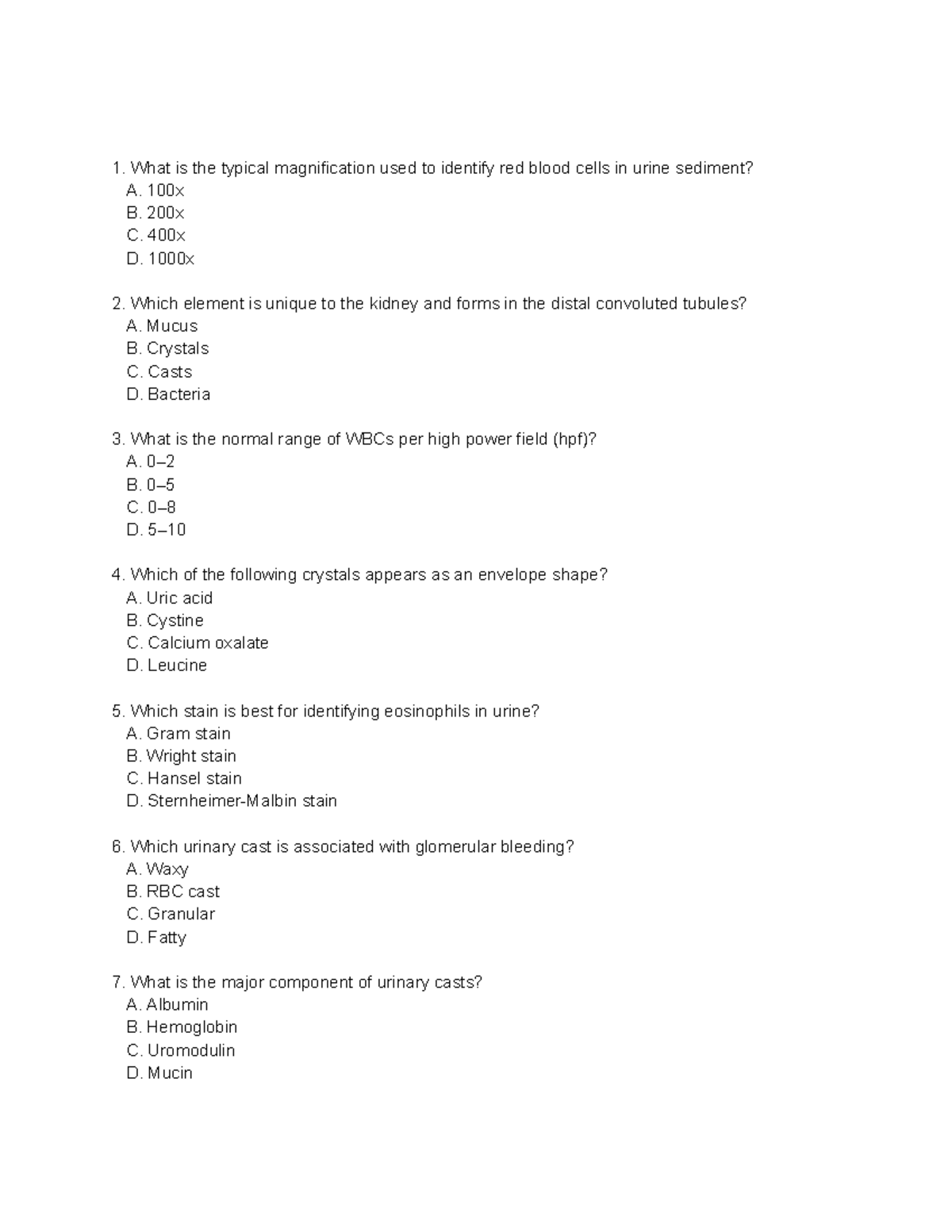 AUBF Practice Questions: Urinalysis & CSF Analysis Exam Prep - Studocu