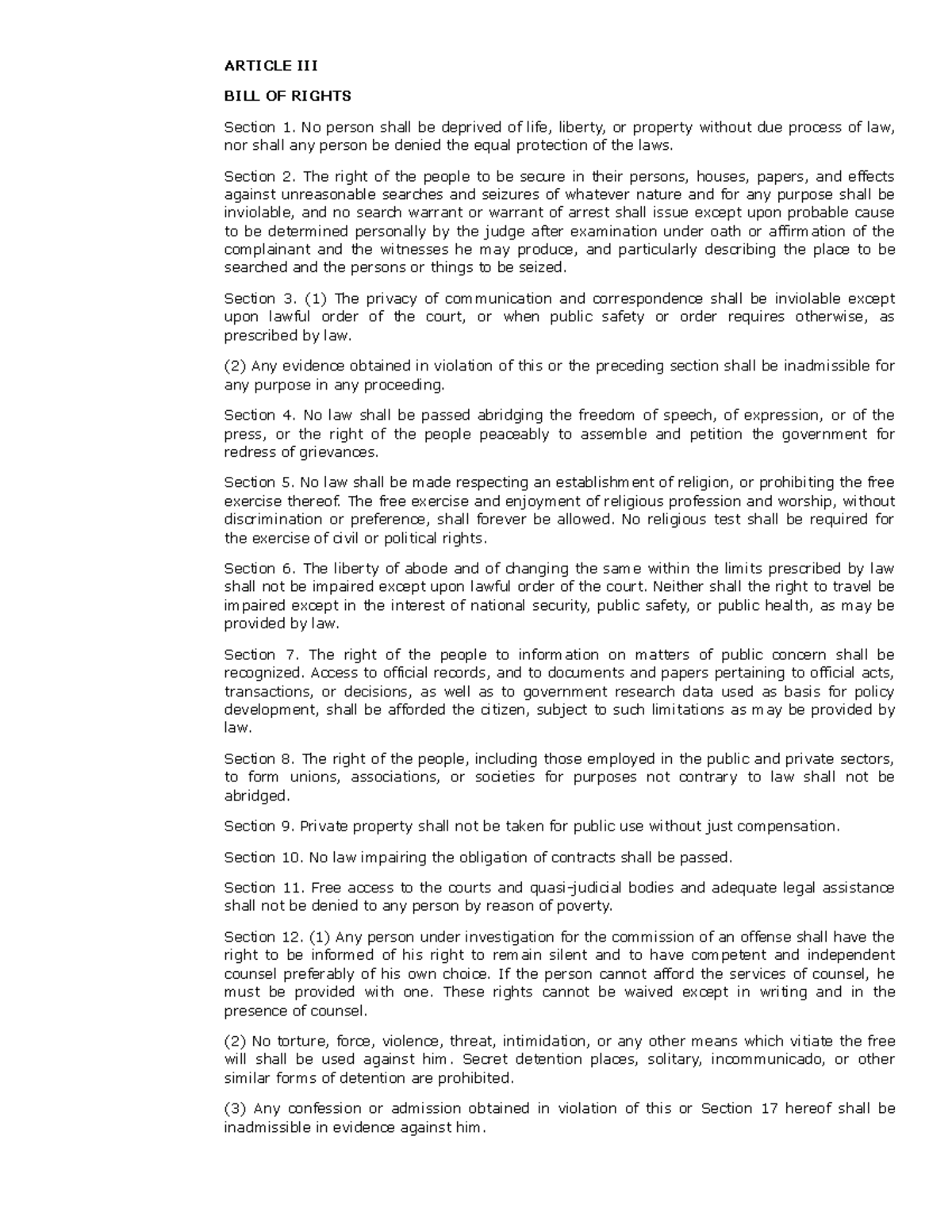 Bill of Rights - Detailed Overview of Article III Rights - Studocu