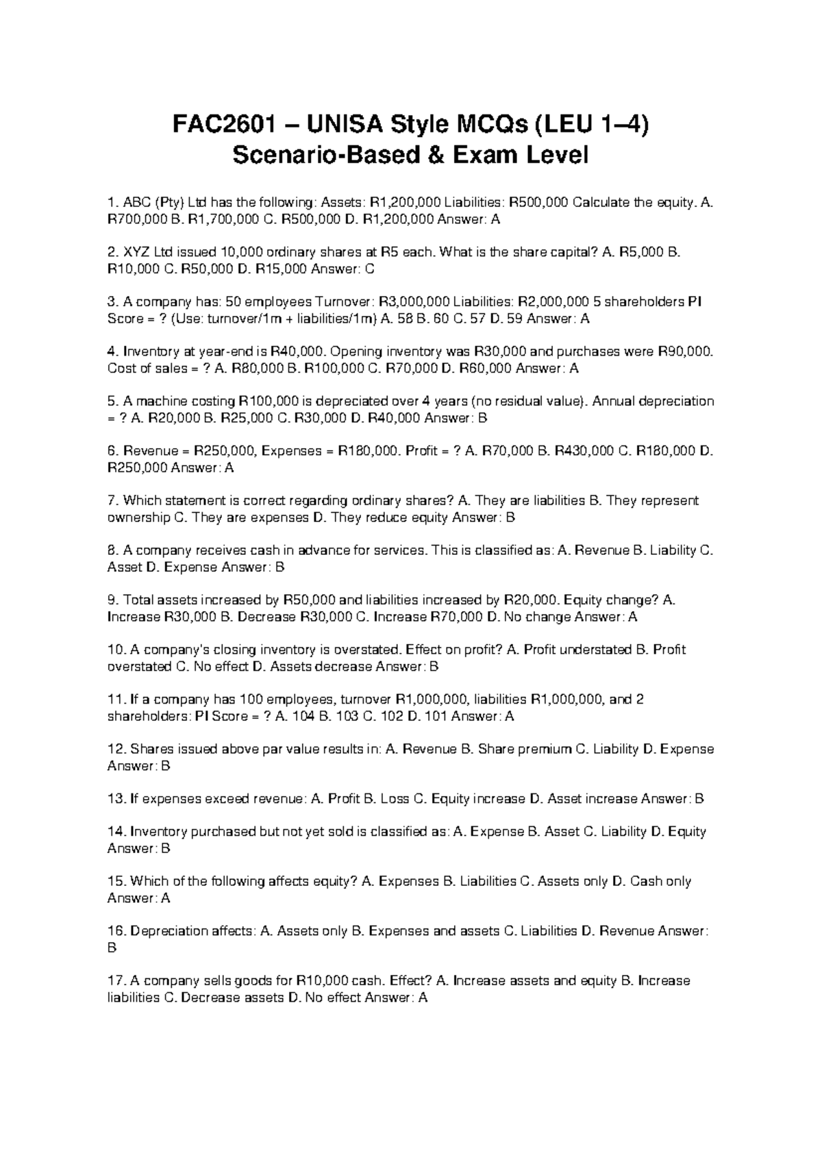 FAC2601 Unisa Style MCQs: Level 1 Exam Practice Questions - Studocu