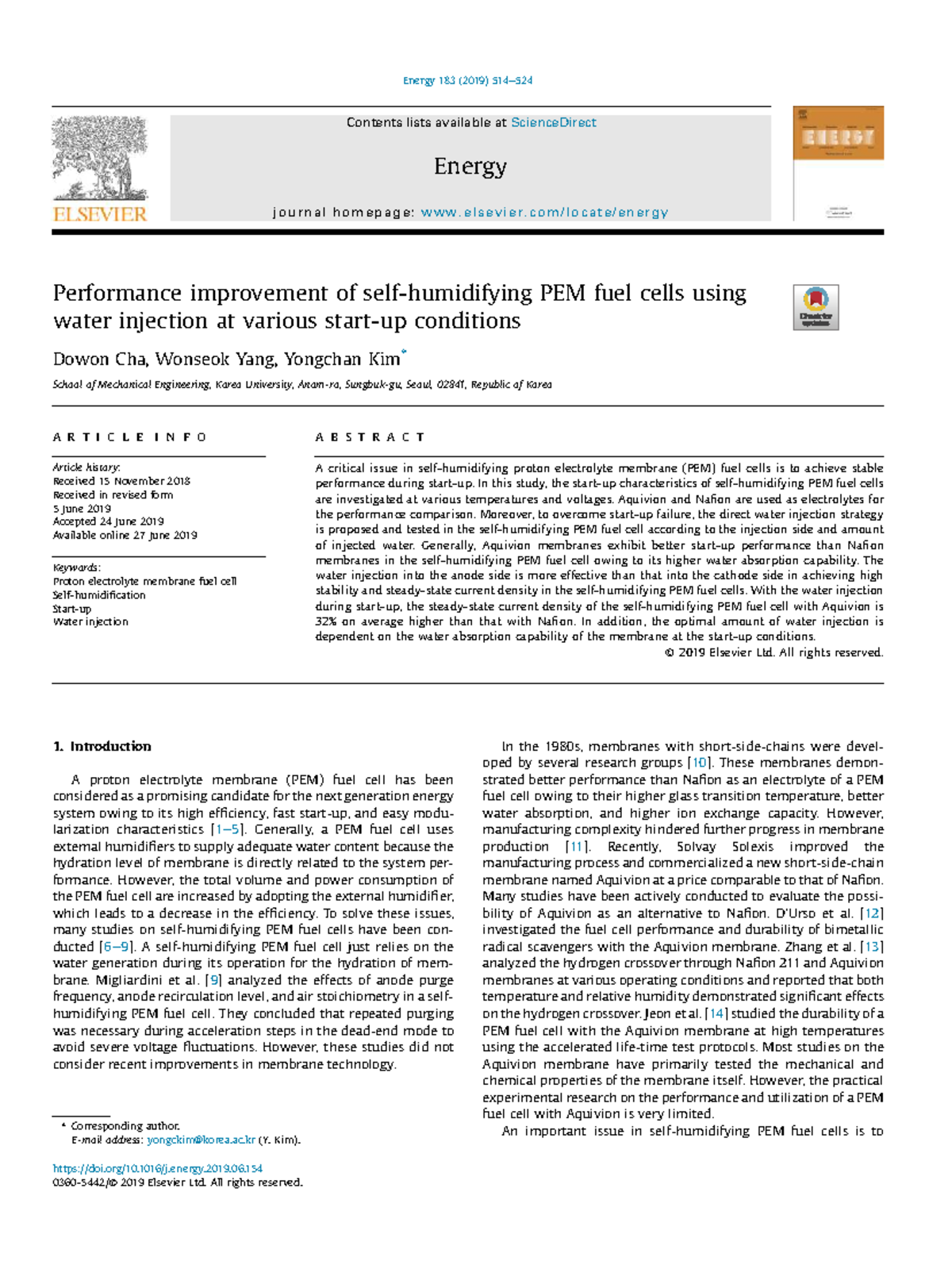 Performance Improvement of Self-Humidifying PEM Fuel Cells (ENG 183 ...