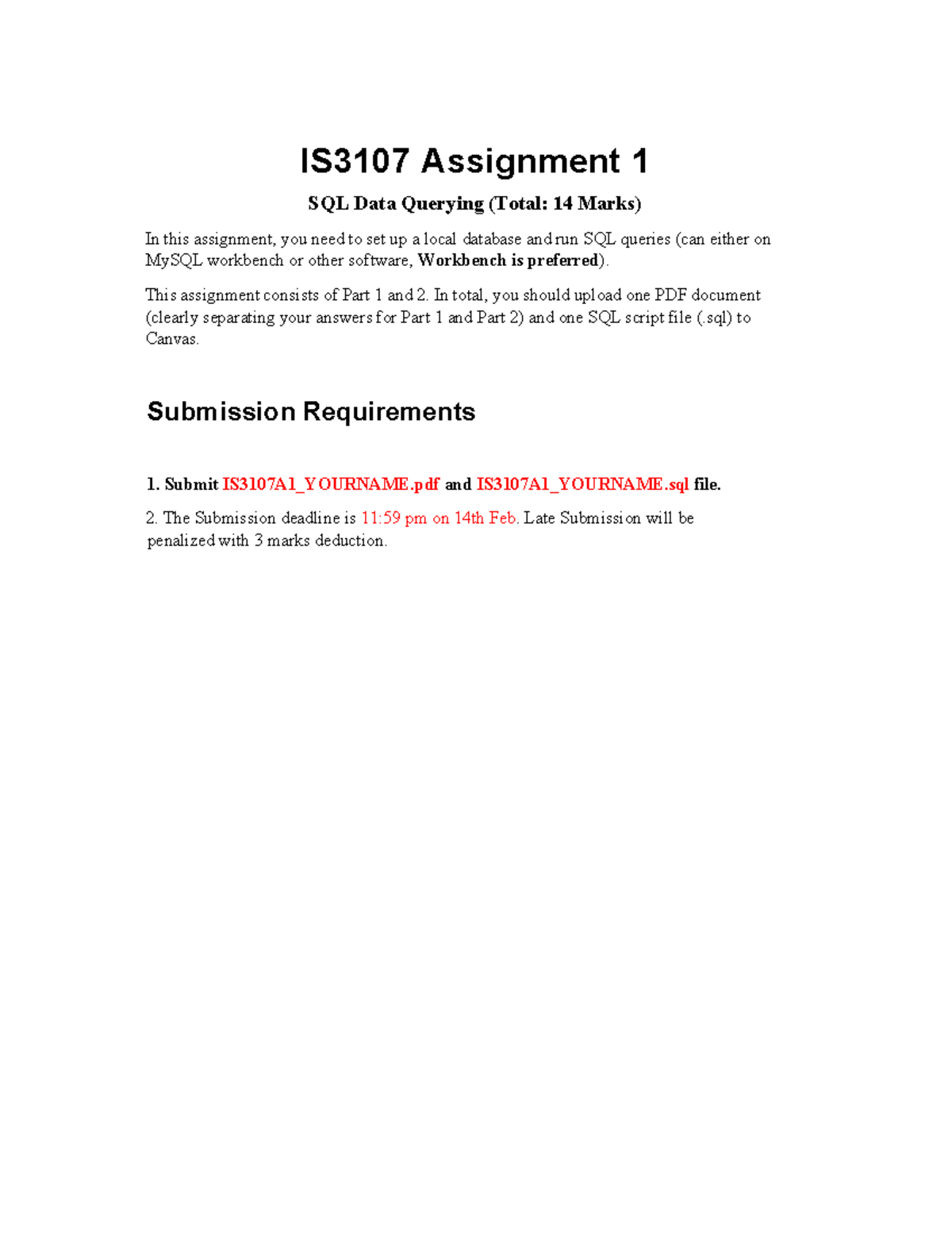 IS3107 Assignment 1: SQL Data Querying Guide (14 Marks) - Studocu