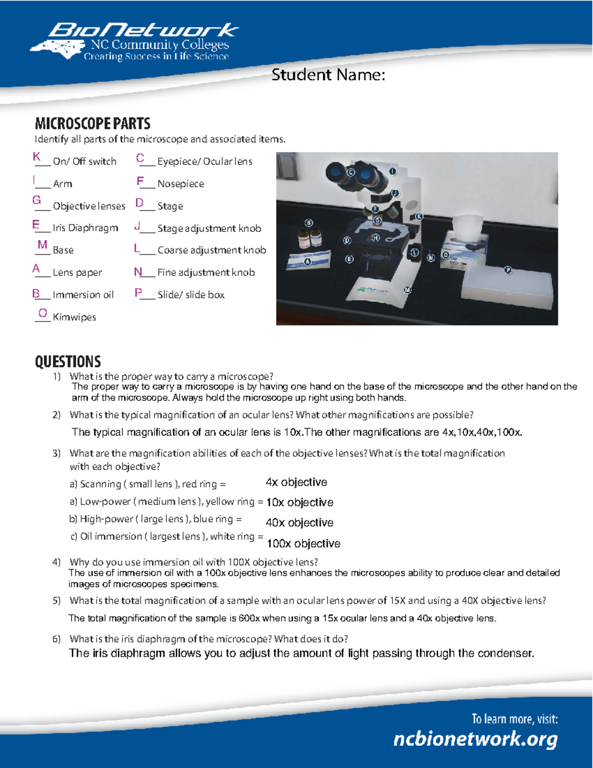 Microscope Parts & Functions: Assignment Worksheet - Studocu