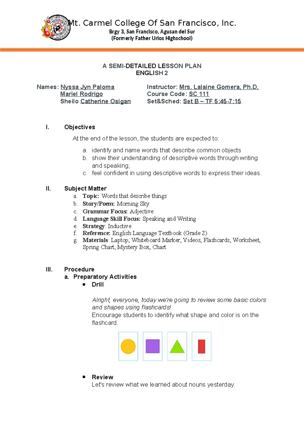 SC Set B TF English 2 Lesson Plan: Descriptive Words and Adjectives ...